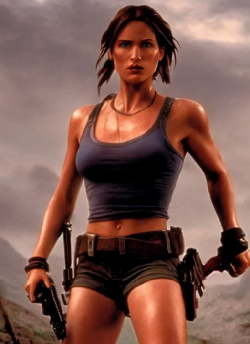 Image similar to film still of Lara Croft in Die Hard, thicc body, large chest, cinematic shot, 4k