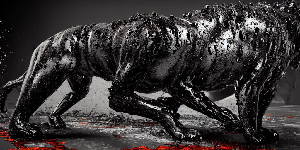 Prompt: a black lioness made of tar bathing inside the bathtub full of tar, covered with black goo, covered with slime, drooling ferrofluid, dripping ferrofluid. dslr, photography, realism, animal photography, color, modern bathroom, hyper realistic, 8 k resolution, v - ray, render, photoreal