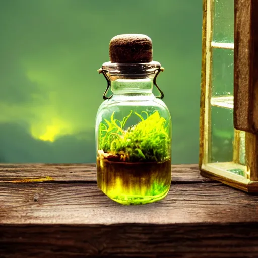 Prompt: a thunderstorm over a wooden cottage inside a terrarium bottle.