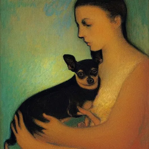 Prompt: a woman and her black and brown chihuahua by odilon redon