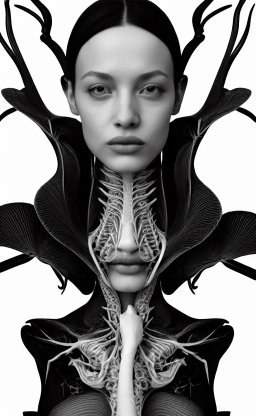 Image similar to a black and white 3D render of a beautiful portrait of a young female angelic-dragon-cyborg face with a very long neck, 150 mm, orchids, Mandelbrot fractal, anatomical, flesh, facial muscles, veins, arteries, full frame, microscopic, elegant, highly detailed, flesh ornate, elegant, high fashion, rim light, ray trace, octane render in the style of H.R. Giger and Man Ray, Realistic, Refined, Digital Art, Highly Detailed, Cinematic Lighting, rim light, black and white, photo-realistic Unreal Engine, 8K