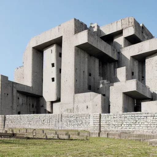 Image similar to scifi brutalist monumental castle, behemoth standing on a hill, with brutalist statues, photography