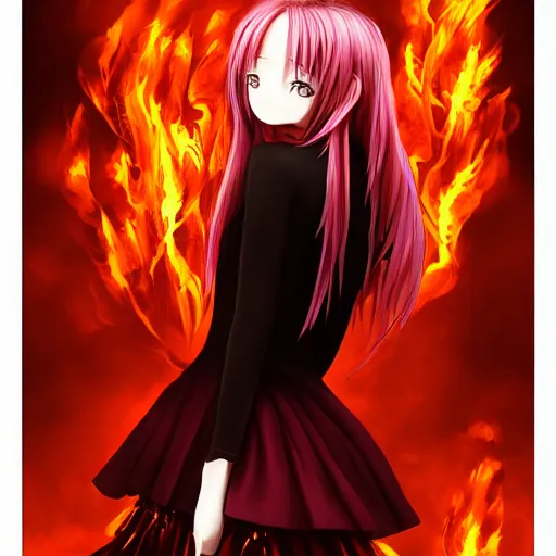 Image similar to advanced digital portrait painting photograph, a teenage anime girl wearing a dress made of fire , full body, very long black and red hair, silver eyes, full round face, intense stare, cinematic lighting, medium shot, MCU, highly detailed, trending on artstation, CSP, Photoshop, WLOP, Rossdraws, James Jean, Andrei Riabovitchev, Marc Simonetti, Anastasia Ovchinnikova and Sakimichan