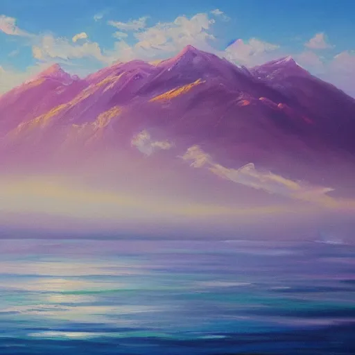 Image similar to Realm between the mountains and the sea, fantasy, oil painting, extra detailed