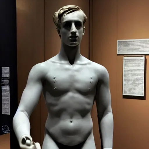 Image similar to “a realistic detailed photo of a guy who is an attractive humanoid who is half robot and half humanoid, who is a male android, British diver Jack Laugher, shiny skin, posing like a statue, blank stare, at the museum, on display”