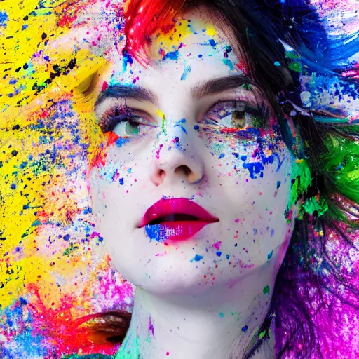 Image similar to beautiful scottish dark haired woman, pale skin, splattered with coloured paint, 4 k, zoomed