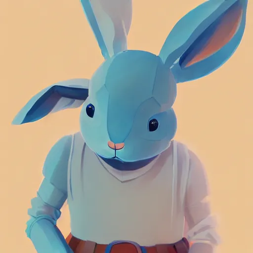 Image similar to anthropomorphic rabbit robot with human characteristics in an arena, artstation, by hayao myazaki, concept art, digital art, light blue, 2 - dimensional, 2 d