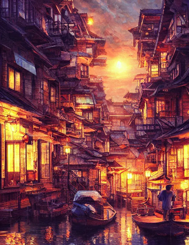 Prompt: lost in a floating town. oil painting by award - winning mangaka. backlighting, chiaroscuro, intricate details, depth of field, luminescent colors.
