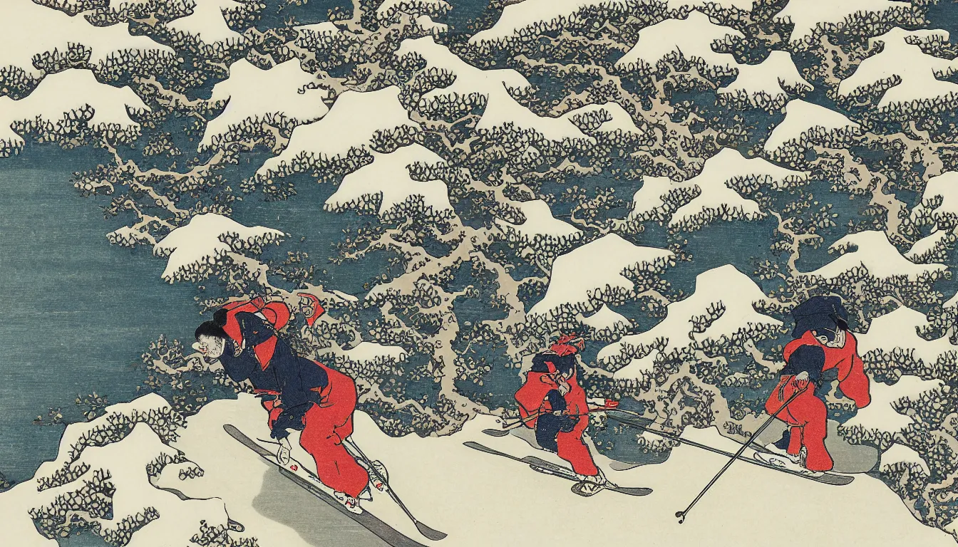 Prompt: skier by hokusai, ultra detailed