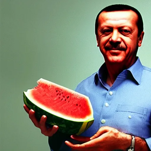 Image similar to recep tayyip erdogan smiling holding watermelon for a 1 9 9 0 s sitcom tv show, studio photograph, portrait c 1 2. 0