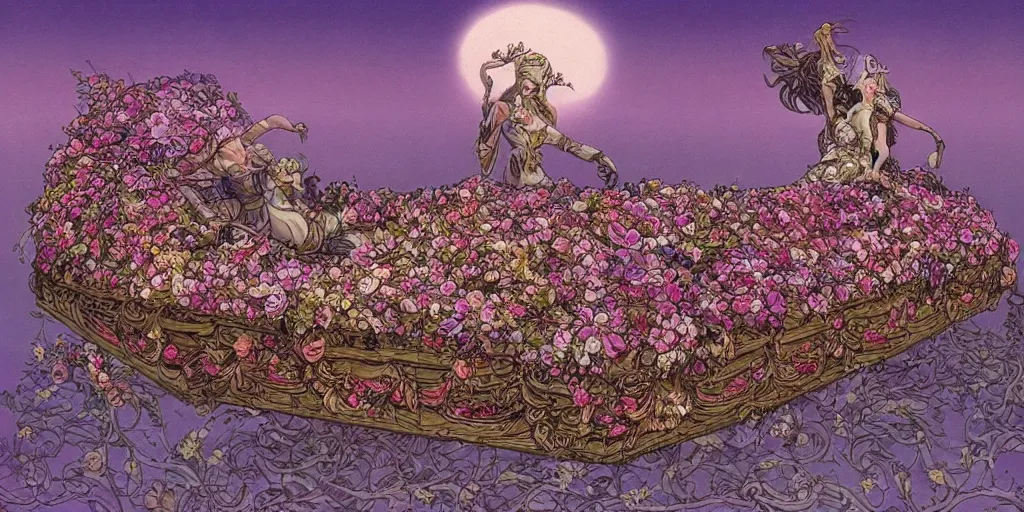 Image similar to an elaborate floating coffin adorned with flowers, evening, fantasy, regal, intricate, detailed matte painting by moebius