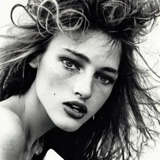 Prompt: a beautiful professional photograph by herb ritts, arthur elgort and ellen von unwerth for vogue magazine of a beautiful lightly freckled and unusually attractive female fashion model looking at the camera in a flirtatious way, zeiss 5 0 mm f 1. 8 lens