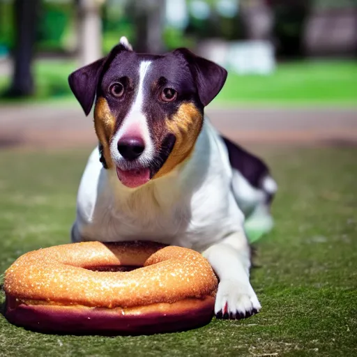 Prompt: a dog staring at a giant donut. 8k photo, hyperdetailed.