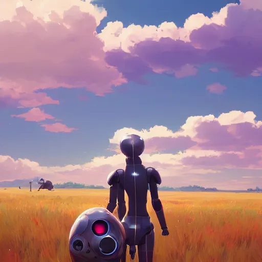 Image similar to a robot in a field. cgsociety masterpiece, artstation trending, by rossdraws, ghibli, kimi no na wa, greg rutkowski, simon stalberg, greg manchess