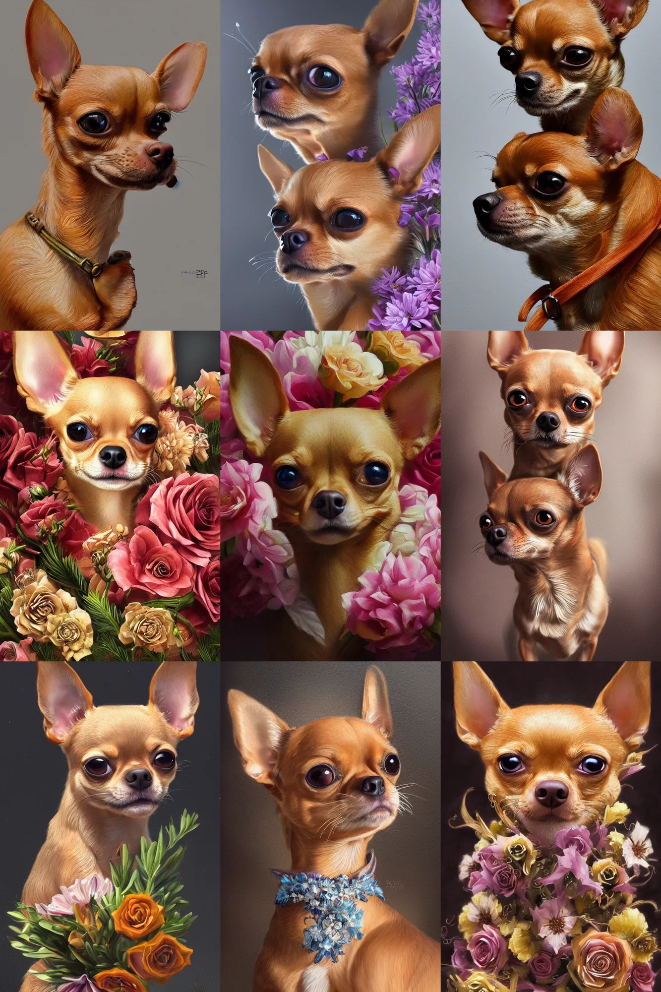 Prompt: ultra realistic illustration, portrait of a tan chihuahua bouquet, close up shot, fantasy, intricate, elegant, highly detailed, digital painting, artstation, concept art, smooth, sharp focus, illustration, surrealism