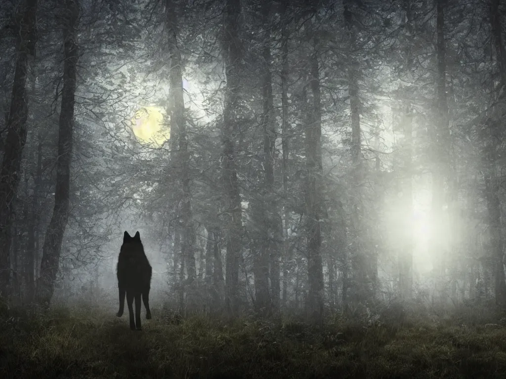 Image similar to portrait of a large wolf walking on a dark path through the forest at night under a full moon, 4 k, photorealistic,