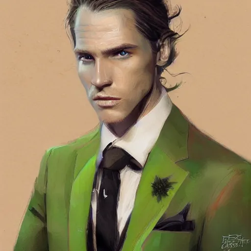 Prompt: portrait of a man with green eyes,long blonde hair,a tuxedo suit,digital art,detailed,realistic,art by greg rutkowski