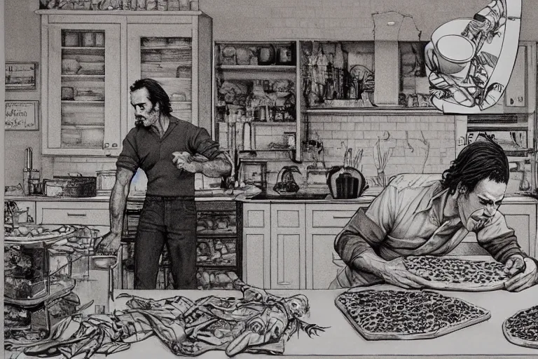 Prompt: a highly detailed nick cave baking pizza, full body, wide angle, an ultrafine detailed painting by p. craig russell and barry windsor - smith, trending on deviantart, octane, masterpiece