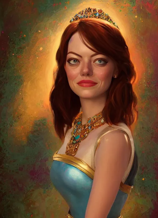 Image similar to portrait of emma stone as princess jasmine, hyper detailed, digital art, trending in artstation, cinematic lighting, studio quality, smooth render, unreal engine 5 rendered, octane rendered, art style by klimt and nixeu and ian sprigger and wlop and krenz cushart.