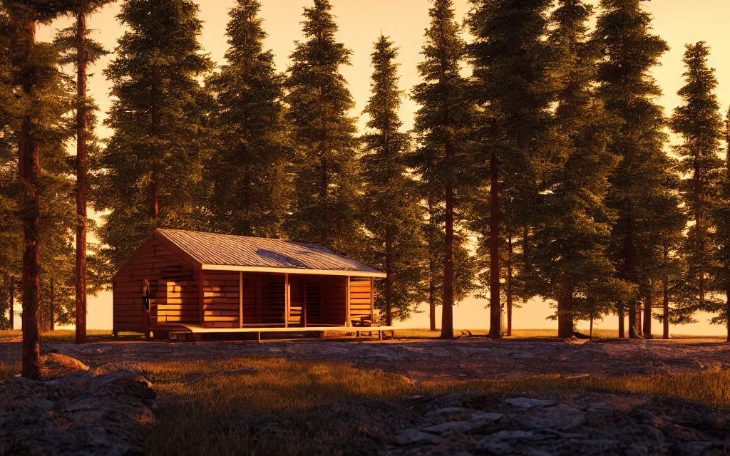 Prompt: finnish sauna architectural visualization, rendered in vray, golden hour, dof, mountainous landscape, pine forest, evermotion, ronen bekerman