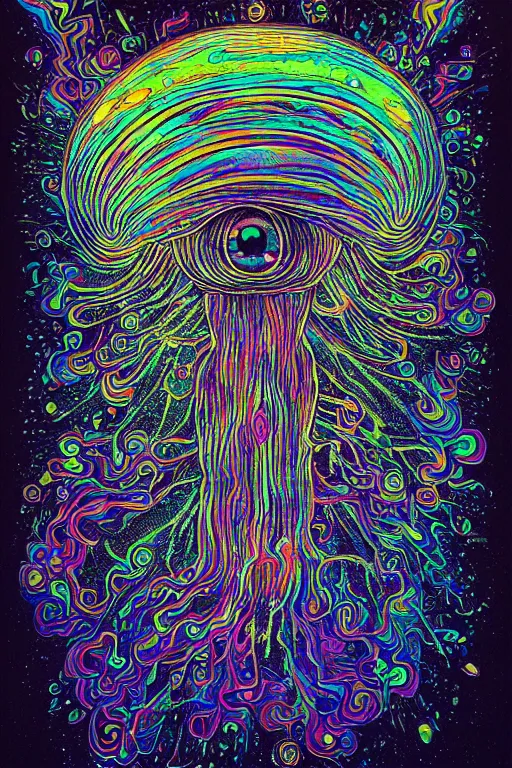 Prompt: an iridescent huge minds eye, exploding mushroom cloud dmt lsd limerence paintbrush jellyfish nervous system suspended in rainbow liquid paint lake on a creative whimiscal alien planet, black paper, obscure, serendipity, gustave darrow, dan mumford, wlop, artgerm, moebius, metatron, symmetrical