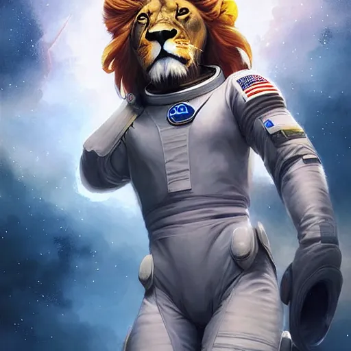 Prompt: an lion wearing a astronaut outfit,character design by charlie bowater, ross tran, artgerm, and makoto shinkai, detailed, inked, western comic book art, 2021 award winning painting,digital art,ultra realistic,ultra detailed,art by greg rutkowski,photorealistic,hyperdetailed,relaxed