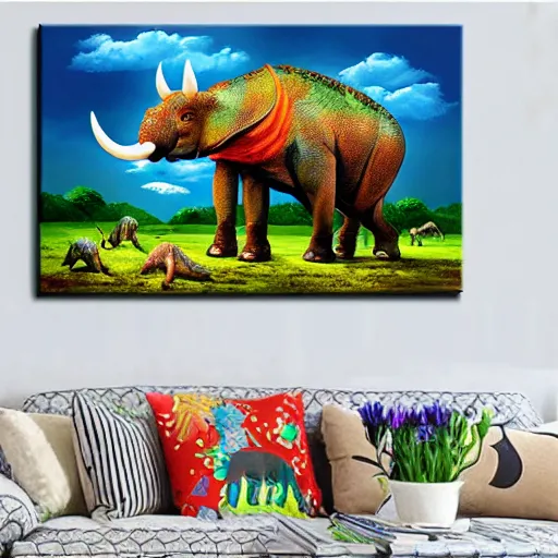 Prompt: hybrid animal cross between triceratops and elephant with colorful prehistoric landscape background detailed oil painting 4k