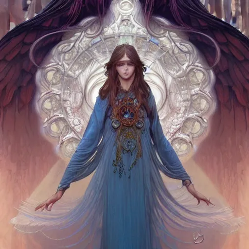 Image similar to portrait of an antropomorthic earth angel, forest spirit, D&D, blue eyes, face, fantasy, intricate, elegant, highly detailed, digital painting, artstation, concept art, smooth, sharp focus, illustration, art by artgerm and greg rutkowski and alphonse mucha