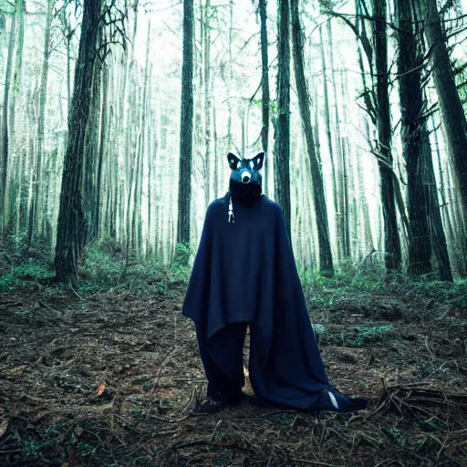 Prompt: professional photograph of tall creature wearing a wolf skull mask and a full body dark blue blanket in the middle of the forest, front view