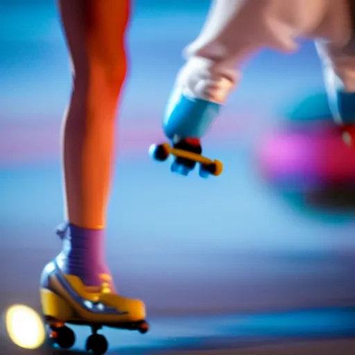 Image similar to a roller skater in a cinematic closeup. in santa monica at blue hour. canon eos c 3 0 0, ƒ 1. 8, 3 5 mm. 8 k. medium - format print. inspired by roger deakins cinematography