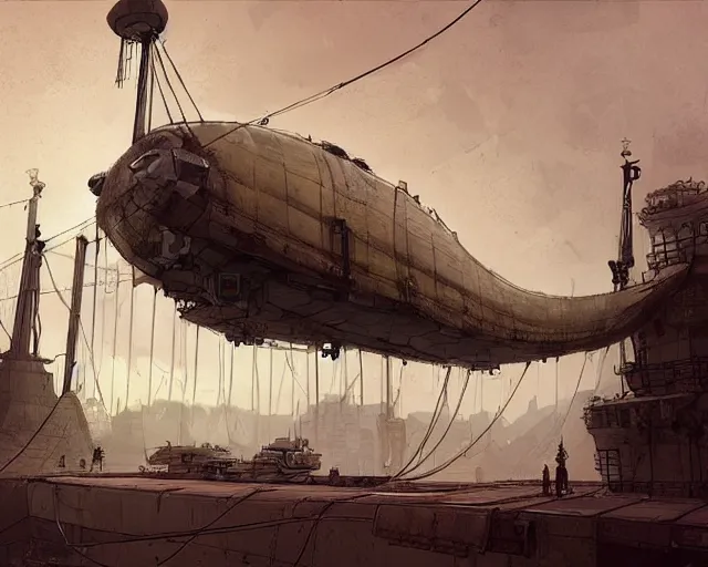 Prompt: Airship tied up to a floating dock, by Ian McQue