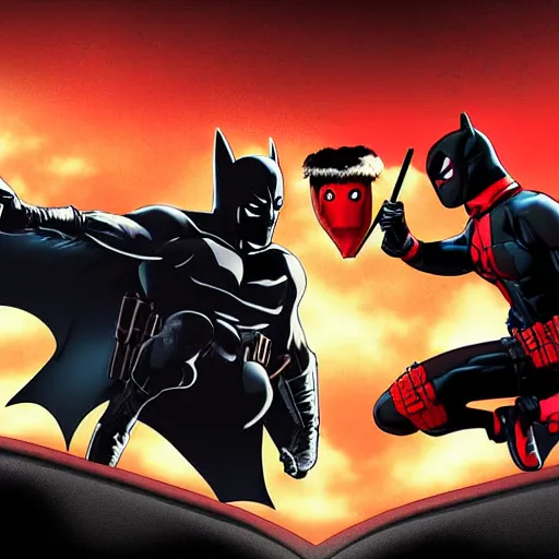 Image similar to Batman and Deadpool together 4K quality Digital art