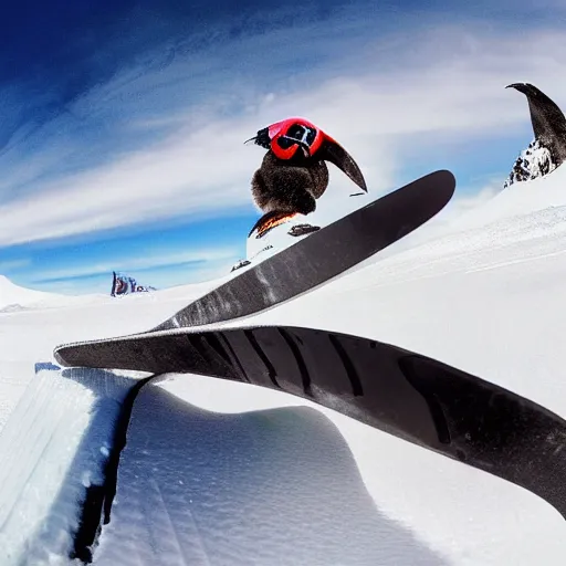 Image similar to ultrawide angle photograph of a snowboarding penguin, extremely detailed. the very detailed penguin is wearing a helmet and snowgoggles. the snowboard he is riding is red and made by burton, 8 k