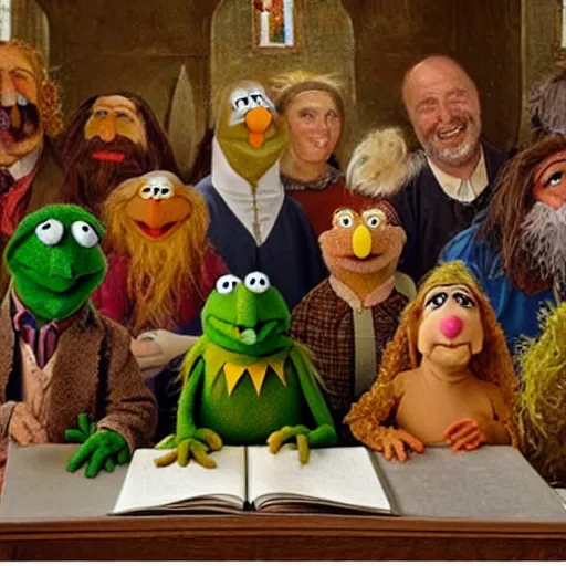 Image similar to realistic painting of muppets at church, in the style of hieronymus bosch and johannes vermeer