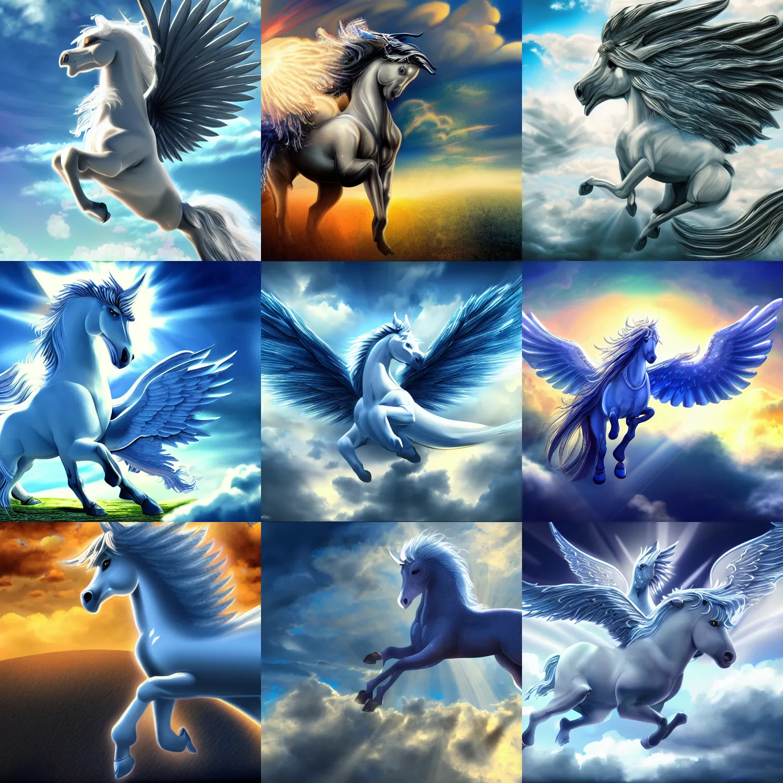 Prompt: Illustration of a mythological Pegasus, blue sky, clouds, god rays. Fantasy, digital art, HD, detailed, 4k, 8k.