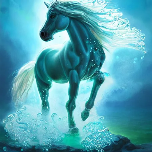 Image similar to a fantastical transparent small turquoise spirit horse made of water and foam and algae and ice, splashing water, wave, translucent, ethereal, noble, radiant, hyperalism, scottish folklore, digital painting, artstation, concept art, smooth, 8 k frostbite 3 engine, ultra detailed, art by artgerm and greg rutkowski and magali villeneuve