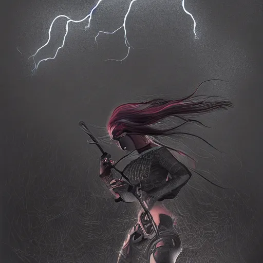 Image similar to a detailed picture of a female ninja, ominous nighttime thunderstorm, fantasy, d & d, intricate, elegant, highly detailed, digital painting, artstation, concept art, matte, sharp focus, illustration, art by m. c. escher