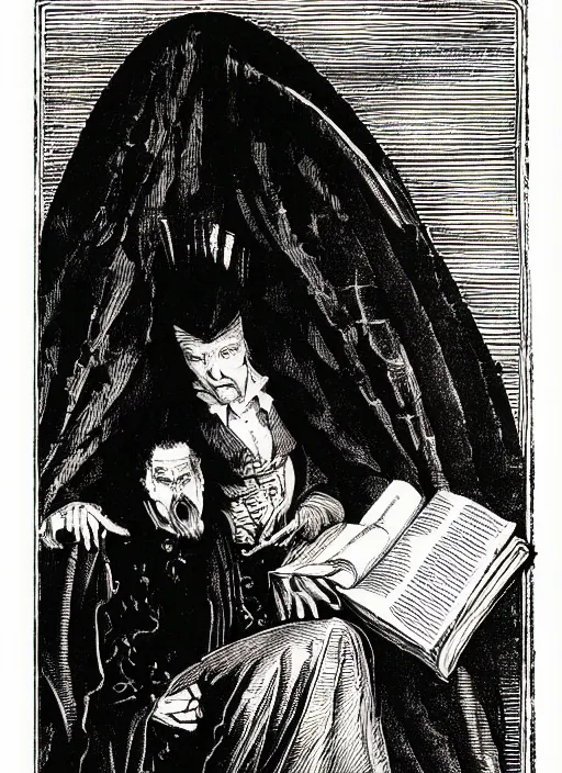 Prompt: dracula reading a book, art by james o barr and albrecht durer, woodblock print, engraved, black and white, vector, vector art