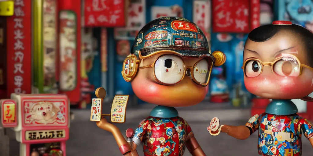 Image similar to closeup portrait of tin toy retro tokyo corner store diorama, depth of field, f 3 2, zeiss lens, detailed, centered, fashion photoshoot, by nicoletta ceccoli, mark ryden, lostfish, breathtaking, 8 k resolution, extremely detailed, beautiful, establishing shot, artistic, hyperrealistic, octane render, - h 8 0 4