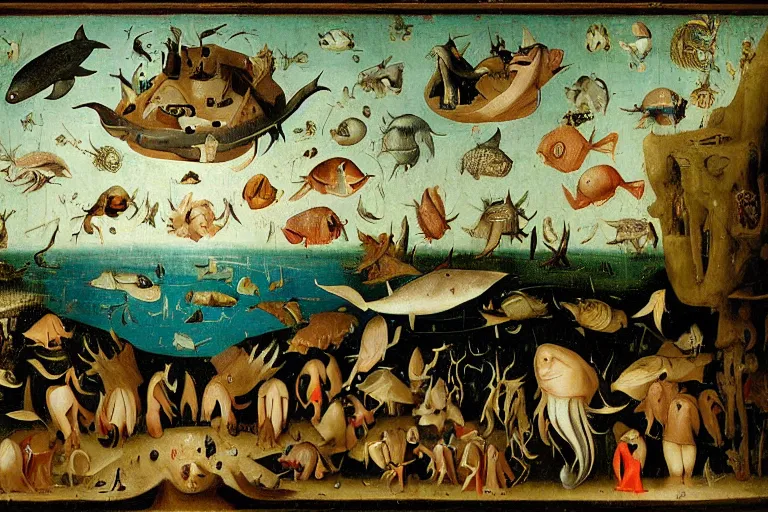 Image similar to a deep lake filled with fish people, dolphins, flippers hybrid half man half fish, lizards, toads, jumping flying and eating frogs, by hieronymus bosch