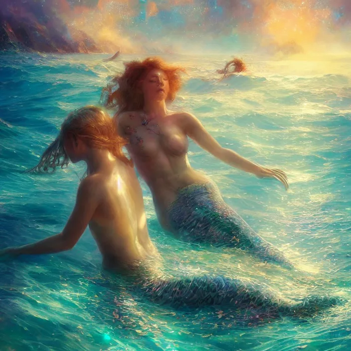 Prompt: glimmering mermaid relaxing beach, dolphins, golden hour, god rays, coral reef, dreamscape by artgerm and ruan jia and ismail inceoglu and greg olsen, cosmos, milky way galaxy, masterpiece, beautiful, intricate, elegant, highly detailed