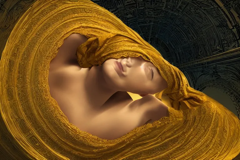 Prompt: a woman of great beauty [ lies in the center of a spacious bed ]!!, as she looks up at the ceiling, dreaming about a faraway place, digital art, 3 d modeling, light painting, night scene, surrealism, illustration, digital illustration, painted, overhead view!!, golden ratio!!