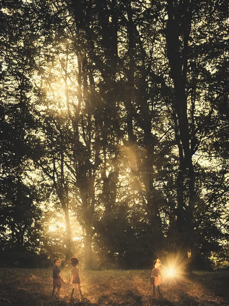 Image similar to a boy and a girl side by side, posing for a picture, a strong light behind their faces, god rays, nostalgic, night, some trees in the background, old polaroid, dramatic reddish light, atmospheric