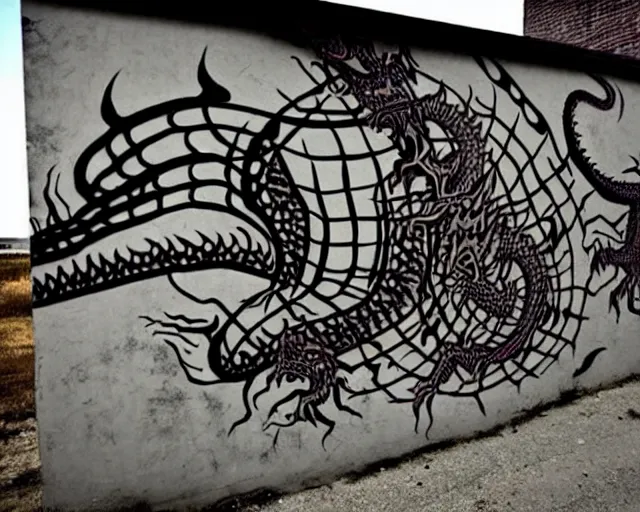 Prompt: a wall that has some lovecraftian graffiti on it inspired by wretched dragon rib cage.