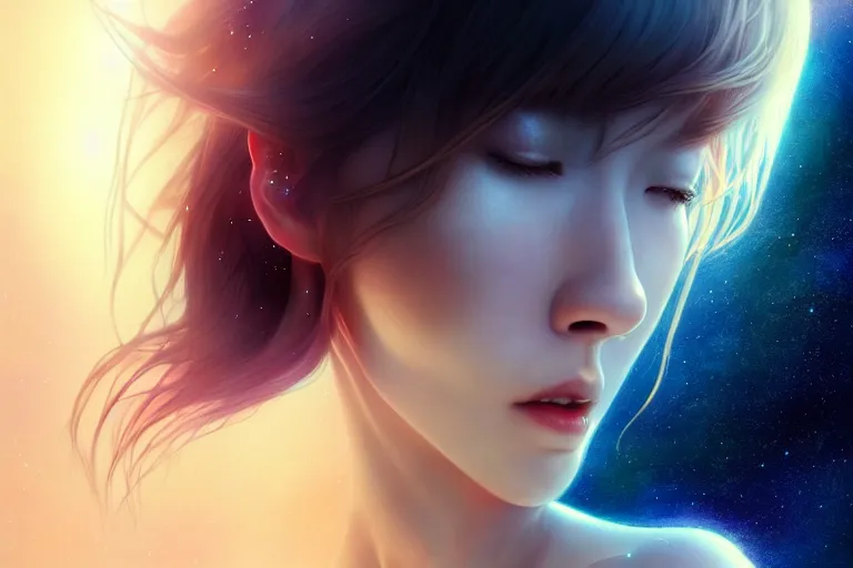 Image similar to a dreaming dreamer floating on the space, full body, occlusion shadow, specular reflection, rim light, unreal engine, octane render, artgerm, artstation, art by hiroaki samura, high quality, intricate detailed 8 k, dreamy illustration, extremely beautiful and aesthetic shape of face and body, movie poster