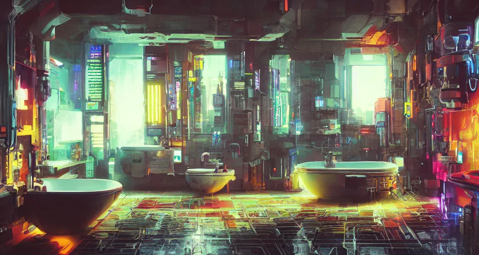 Image similar to IKEA catalogue photo of an epic cyberpunk bathroom, by Paul Lehr, 8k, HD, realistic, cinematic, artstation, details