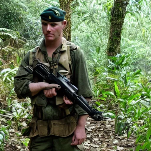 Image similar to elisha cutbert as a commando in a jungle battlefield