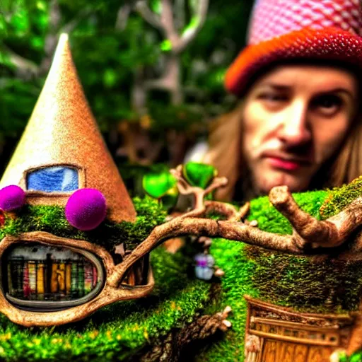 Image similar to a person wearing a jester hat that is a miniature fairy land made of tree limbs and magical tiny tvs, soft look, highly detailed, hdr