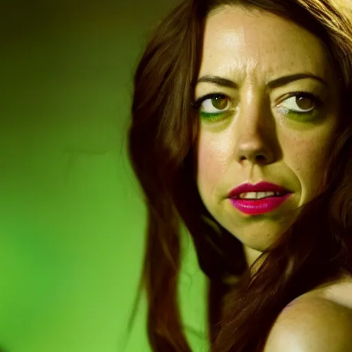 Image similar to film still of !!Aubrey Plaza!! as Poison Ivy, !!lizard skin!!, !!!green skin!!!, 4k