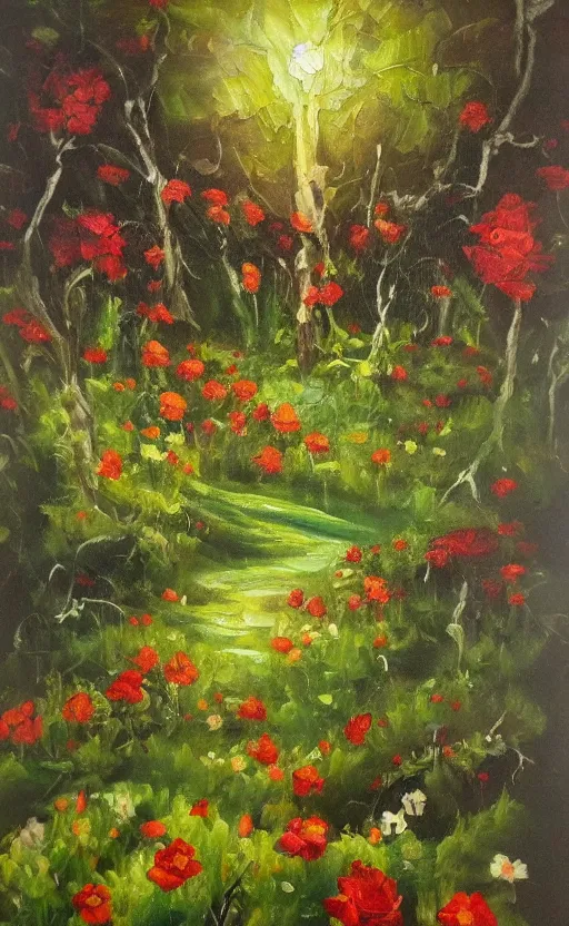 Image similar to hungry flowers in the forest, oil painting by the best painter, emotional, amazing lightning